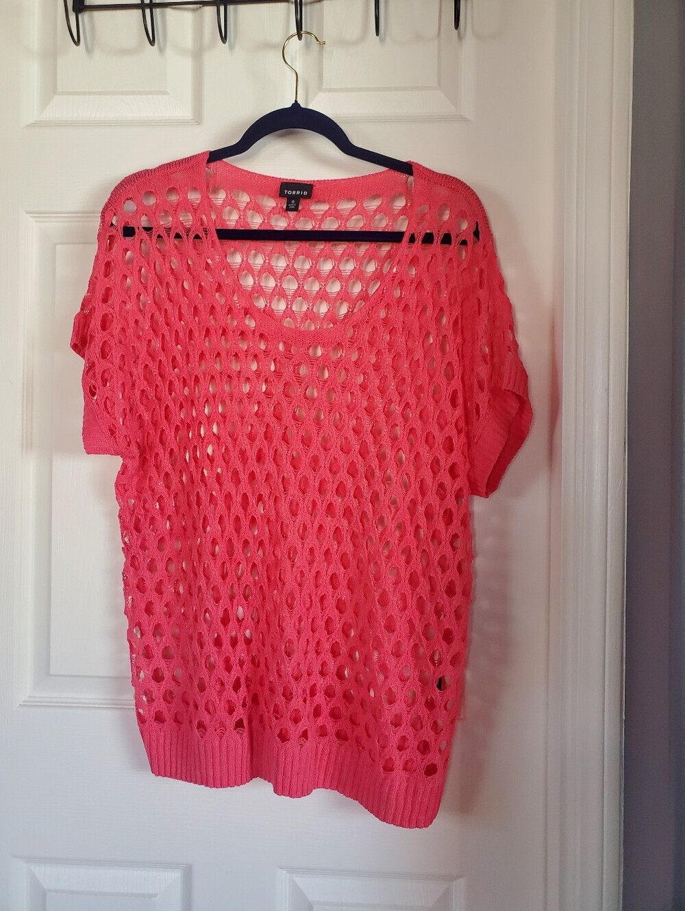 Torrid Coral Pink Open-knit Sweater Short Sleeves Cover-Up Pullover Size 0